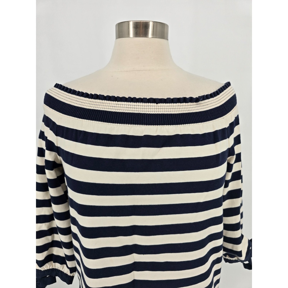 J Crew XS Stripe Knit Mini Dress Off Shoulder 3/4 Sleeve Bow Cuff 100% Cotton - Picture 2 of 11